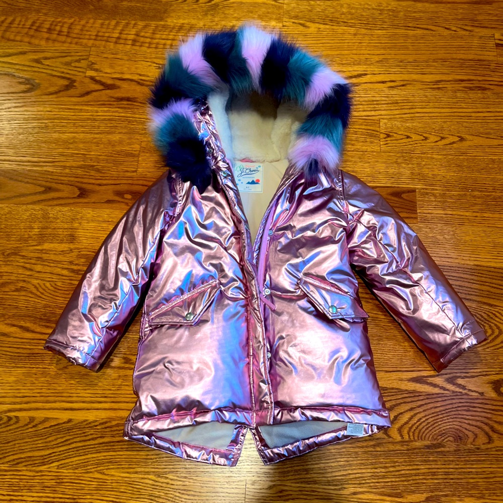 J.Crew pink metallic faux fur coat.  Size 6-7